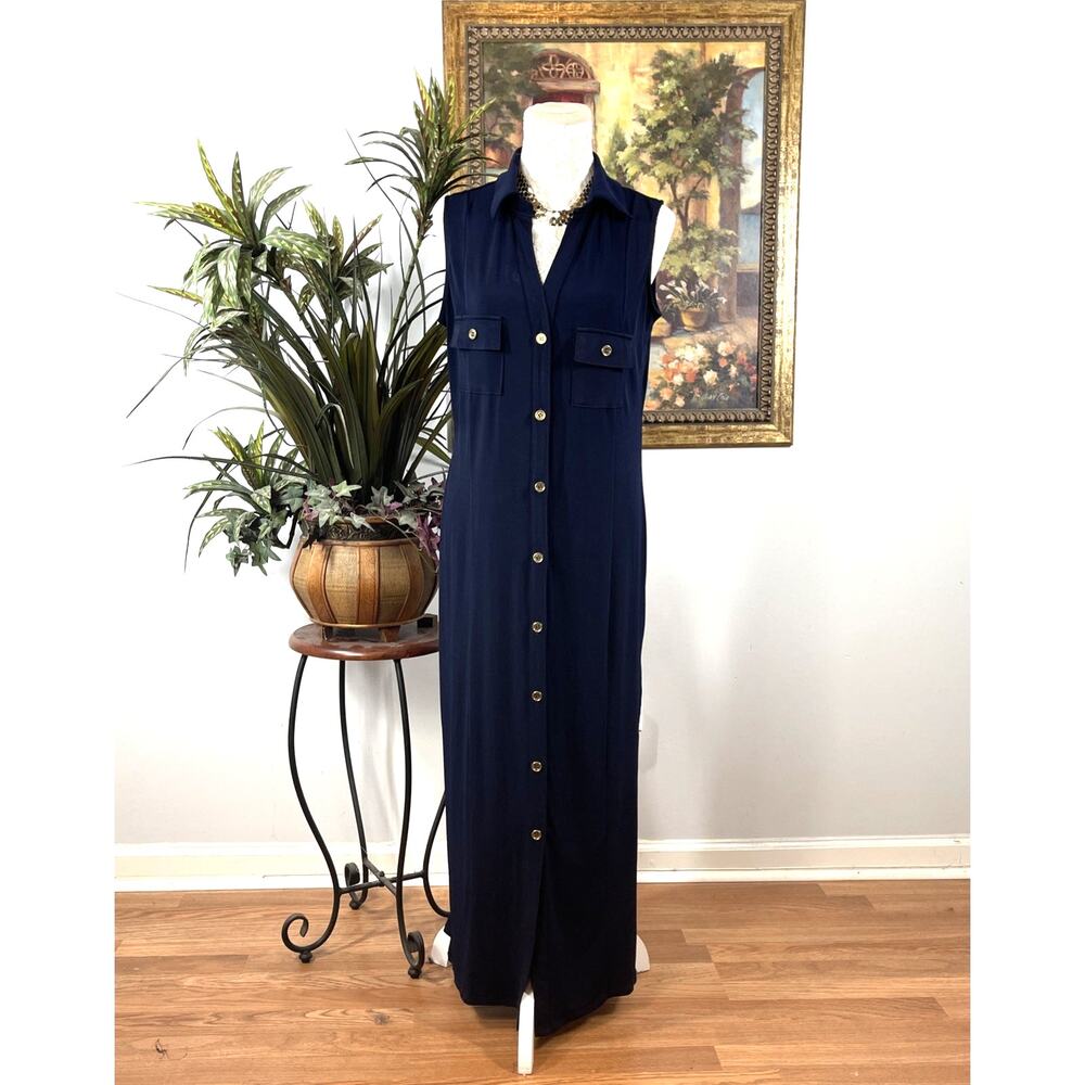 Nina Leonard Navy Maxi Shirt Dress Sleeveless Button Front Stretch Women's XL